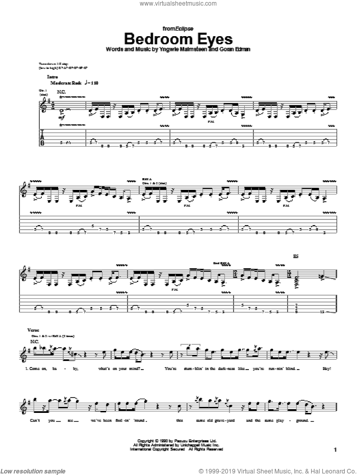 Bedroom Eyes sheet music for guitar (tablature) by Yngwie Malmsteen and Goran Edman, intermediate skill level