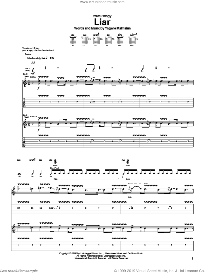 Liar sheet music for guitar (tablature) by Yngwie Malmsteen, intermediate skill level
