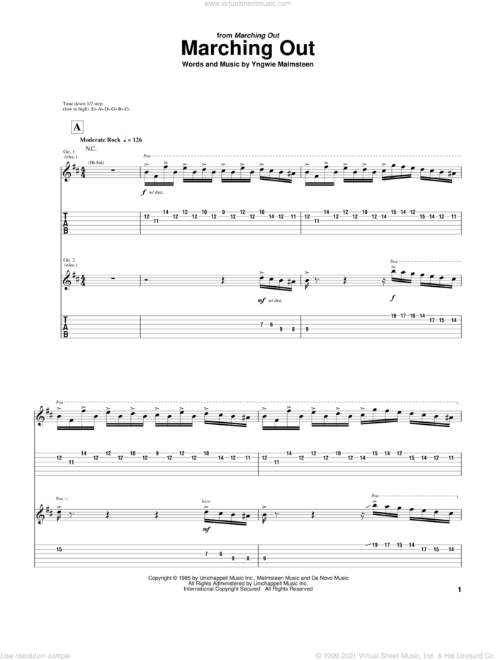 Marching Out sheet music for guitar (tablature) by Yngwie Malmsteen, intermediate skill level