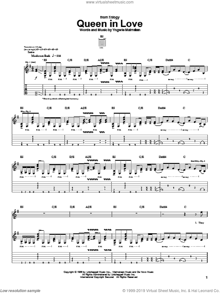 Queen In Love sheet music for guitar (tablature) by Yngwie Malmsteen, intermediate skill level