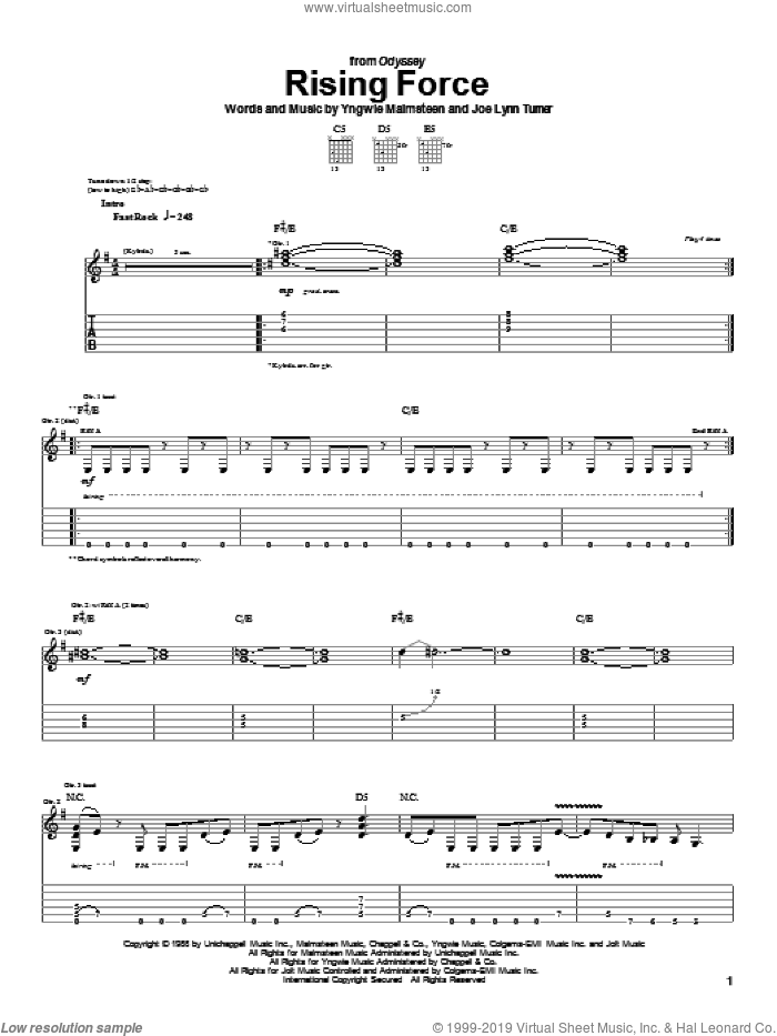 Rising Force sheet music for guitar (tablature) by Yngwie Malmsteen and Joe Lynn Turner, intermediate skill level
