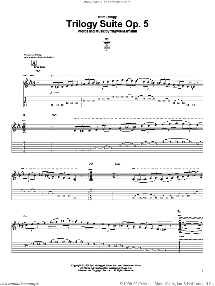 Trilogy Suite Op. 5 sheet music for guitar (tablature) by Yngwie Malmsteen, intermediate skill level