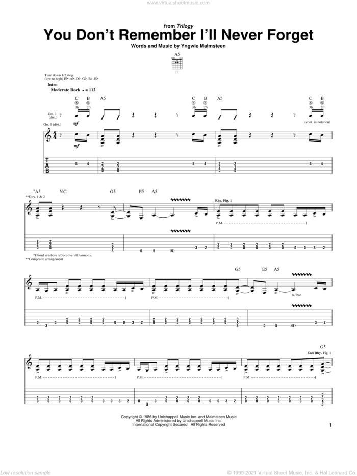 You Don't Remember I'll Never Forget sheet music for guitar (tablature) by Yngwie Malmsteen, intermediate skill level