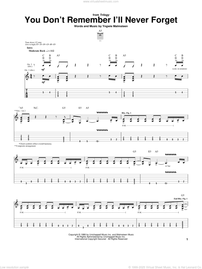 You Don't Remember I'll Never Forget sheet music for guitar (tablature) by Yngwie Malmsteen, intermediate skill level