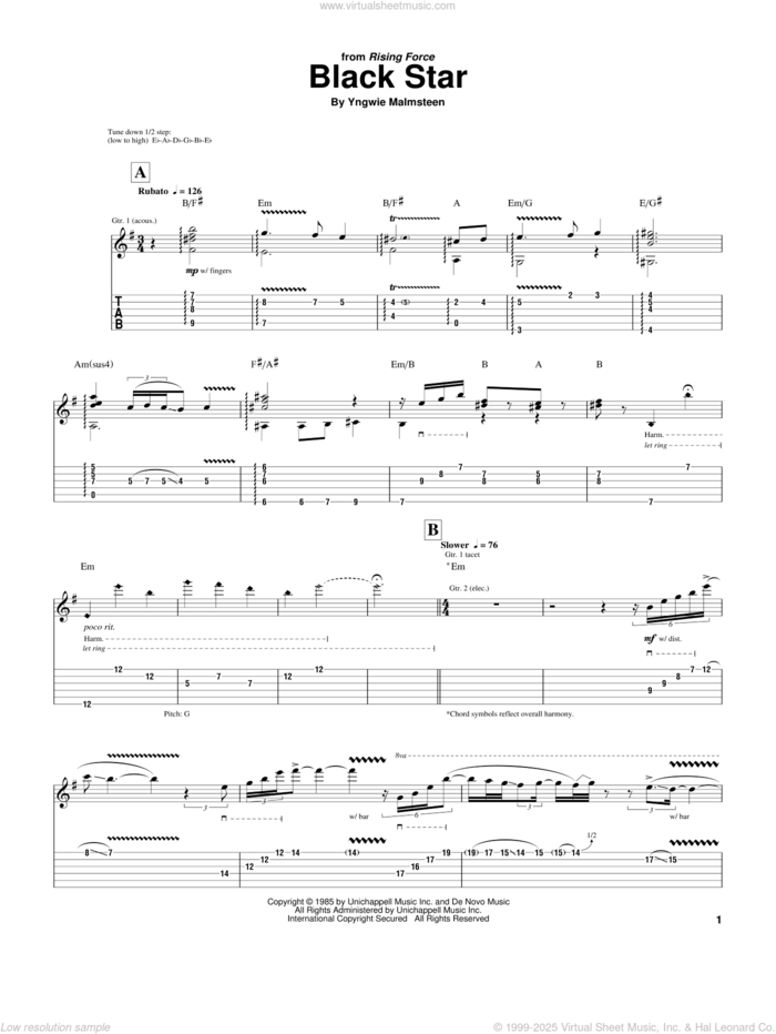 Black Star sheet music for guitar (tablature) by Yngwie Malmsteen, intermediate skill level