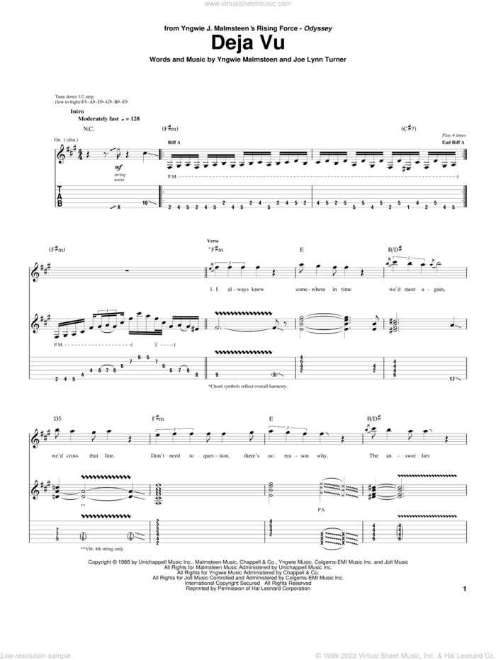 Deja Vu sheet music for guitar (tablature) by Yngwie Malmsteen and Joe Lynn Turner, intermediate skill level