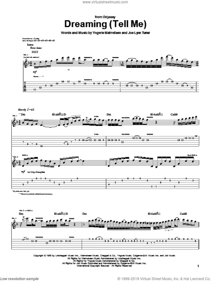 Dreaming (Tell Me) sheet music for guitar (tablature) by Yngwie Malmsteen and Joe Lynn Turner, intermediate skill level