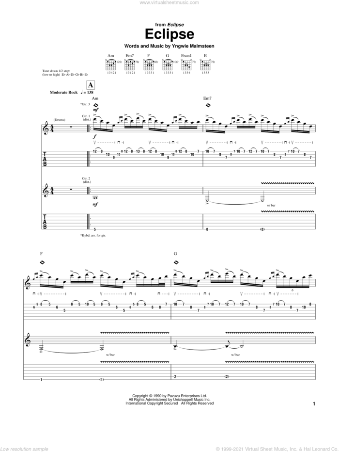 Eclipse sheet music for guitar (tablature) by Yngwie Malmsteen, intermediate skill level