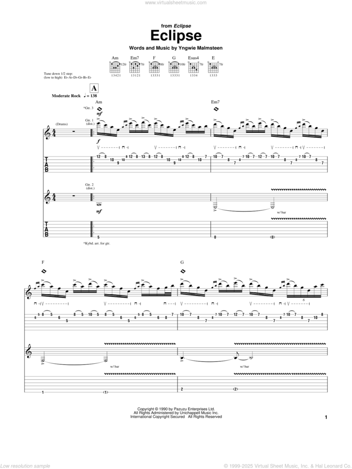 Eclipse sheet music for guitar (tablature) by Yngwie Malmsteen, intermediate skill level