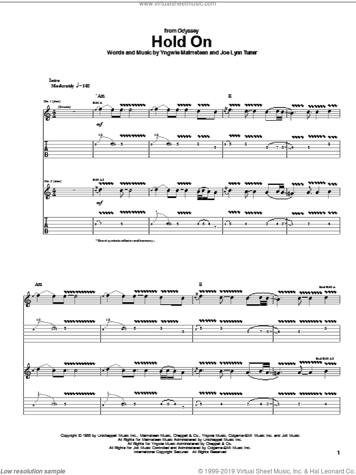 Hold On sheet music for guitar (tablature) by Yngwie Malmsteen and Joe Lynn Turner, intermediate skill level