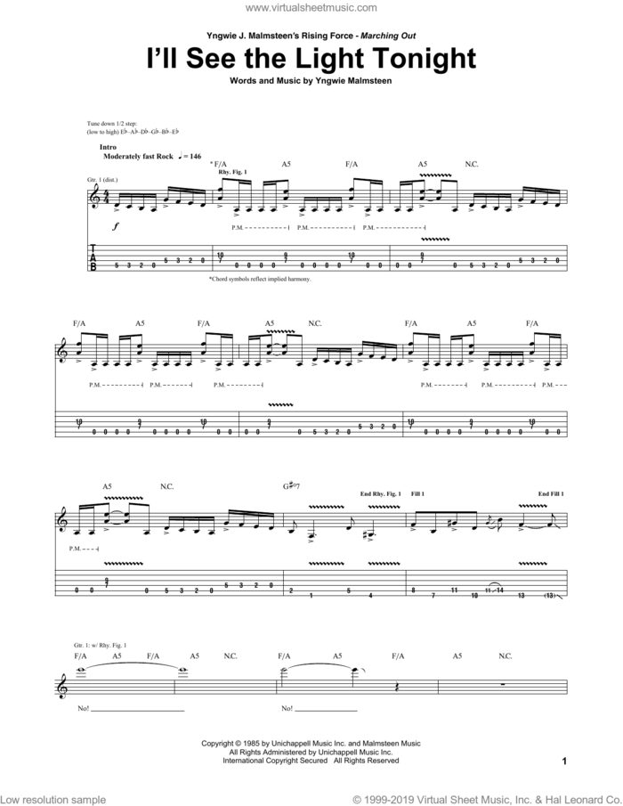 I'll See The Light Tonight sheet music for guitar (tablature) by Yngwie Malmsteen and Jeff Scott Soto, intermediate skill level