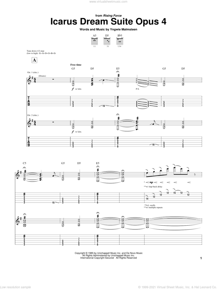 Icarus Dream Suite Opus 4 sheet music for guitar (tablature) by Yngwie Malmsteen, intermediate skill level