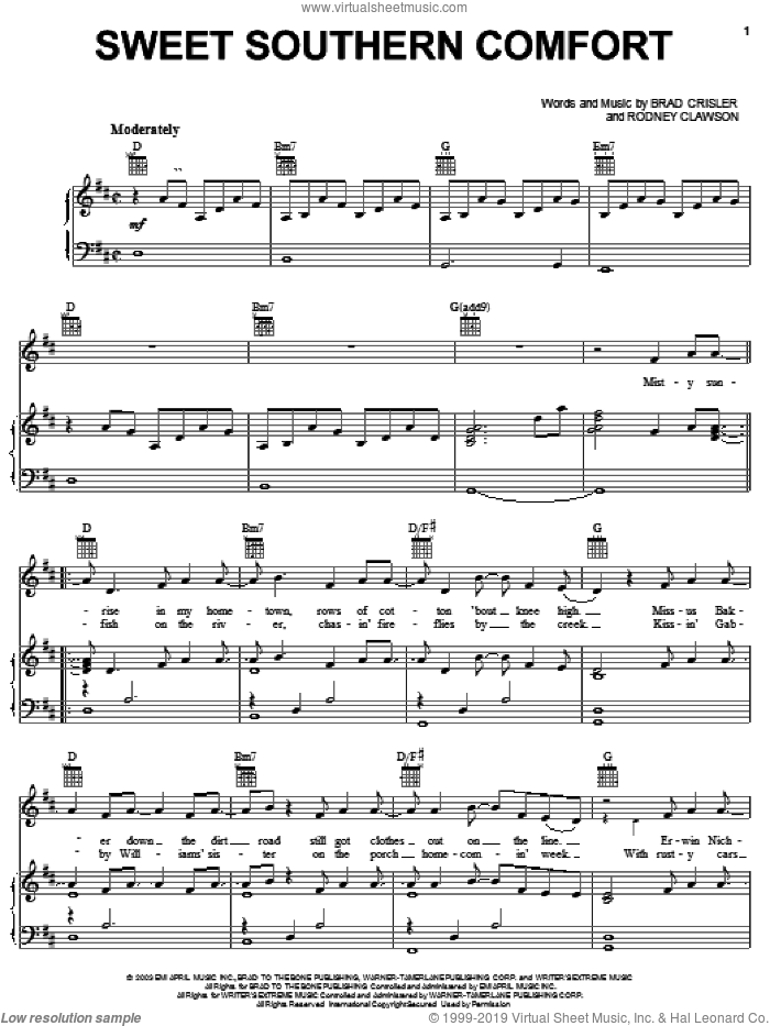 Sweet Southern Comfort sheet music for voice, piano or guitar by Buddy Jewell, Brad Crisler and Rodney Clawson, intermediate skill level