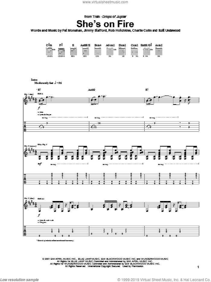 She's On Fire sheet music for guitar (tablature) by Train, Jimmy Stafford, Pat Monahan and Rob Hotchkiss, intermediate skill level