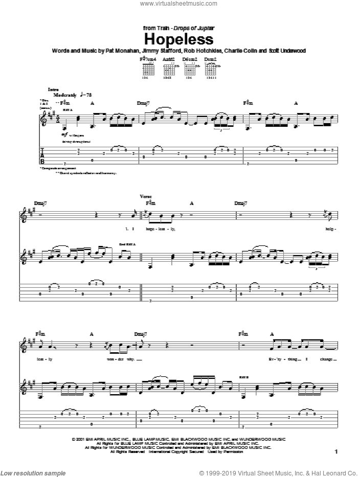 Hopeless sheet music for guitar (tablature) by Train, Jimmy Stafford, Pat Monahan and Rob Hotchkiss, intermediate skill level