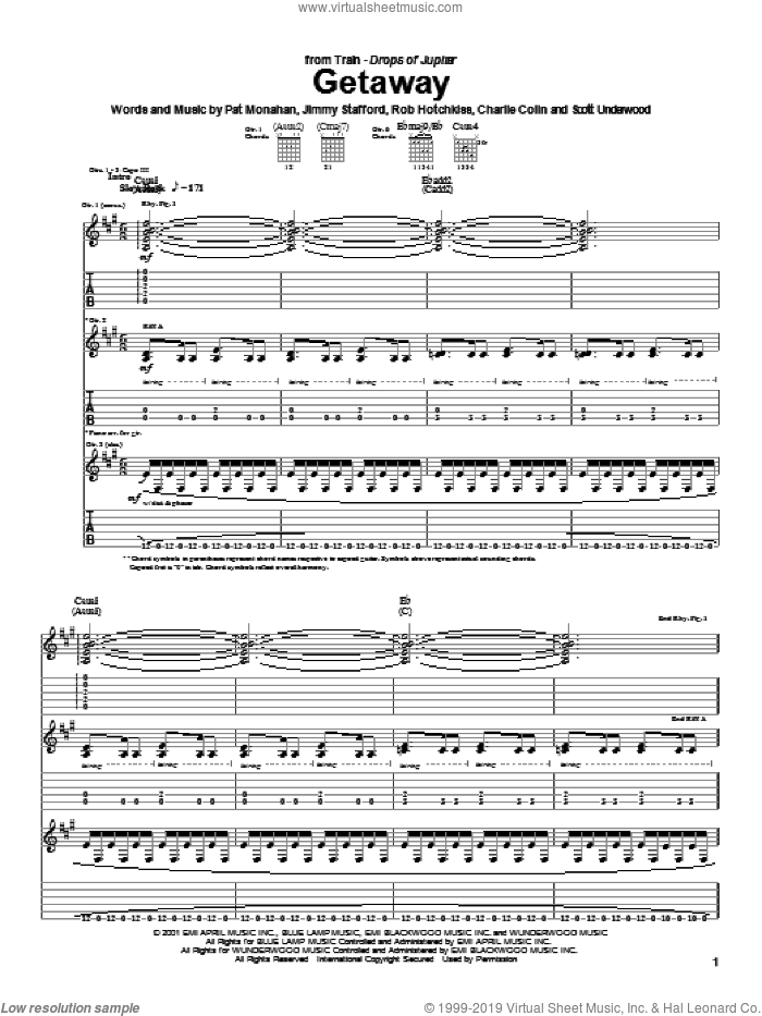 Getaway sheet music for guitar (tablature) by Train, Jimmy Stafford, Pat Monahan and Rob Hotchkiss, intermediate skill level
