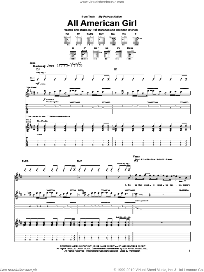 All American Girl sheet music for guitar (tablature) by Train and Pat Monahan, intermediate skill level