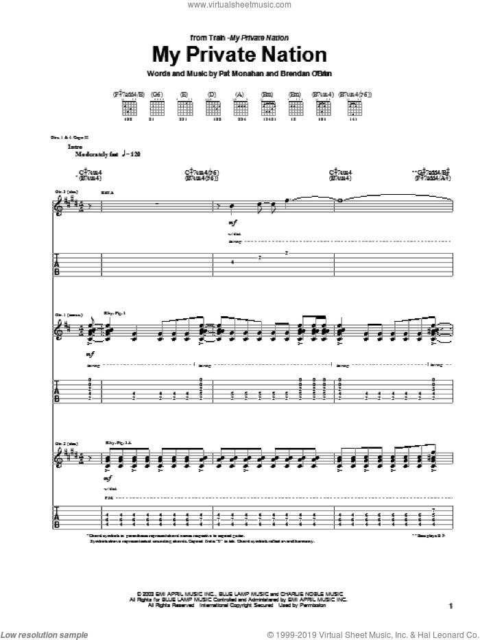 My Private Nation sheet music for guitar (tablature) by Train and Pat Monahan, intermediate skill level