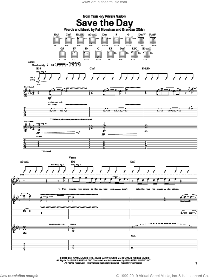 Save The Day sheet music for guitar (tablature) by Train and Pat Monahan, intermediate skill level