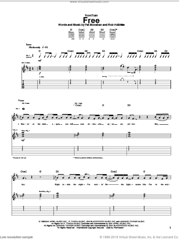 Free sheet music for guitar (tablature) by Train, Pat Monahan and Rob Hotchkiss, intermediate skill level