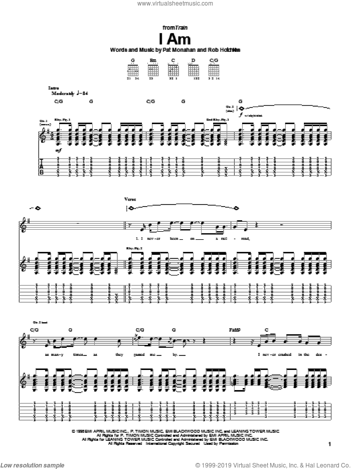 I Am sheet music for guitar (tablature) by Train, Pat Monahan and Rob Hotchkiss, intermediate skill level
