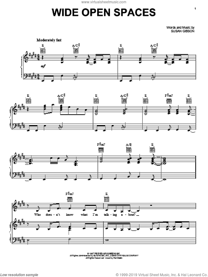 Wide Open Spaces sheet music for voice, piano or guitar by The Chicks, Dixie Chicks and Susan Gibson, intermediate skill level
