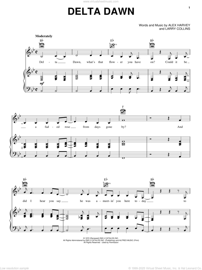 Delta Dawn sheet music for voice, piano or guitar by Tanya Tucker, Helen Reddy, Alex Harvey and Larry Collins, intermediate skill level