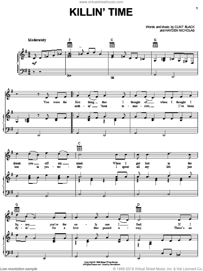 Killin' Time sheet music for voice, piano or guitar by Clint Black and James Hayden Nicholas, intermediate skill level