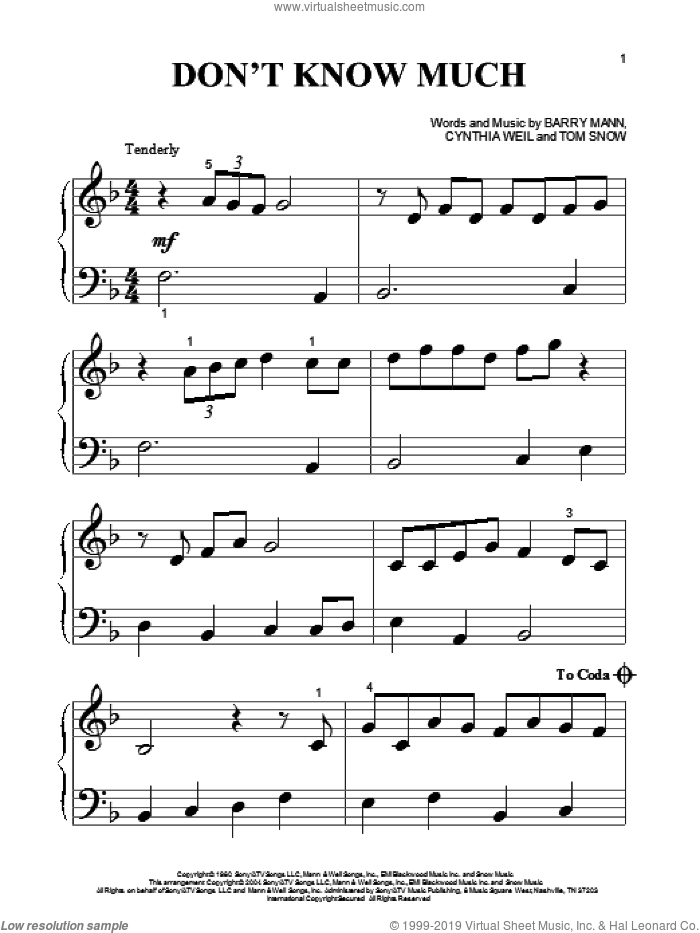 Don't Know Much sheet music for piano solo (big note book) by Aaron Neville and Linda Ronstadt, Aaron Neville, Linda Ronstadt, Linda Ronstadt and Aaron Neville, Barry Mann, Cynthia Weil and Tom Snow, wedding score, easy piano (big note book)