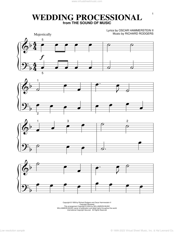 Wedding Processional, (beginner) sheet music for piano solo by Rodgers & Hammerstein, The Sound Of Music (Musical), Oscar II Hammerstein and Richard Rodgers, wedding score, beginner skill level
