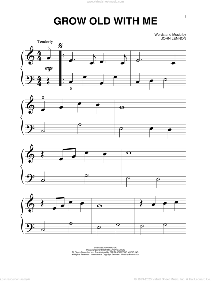 Grow Old With Me, (beginner) sheet music for piano solo by John Lennon and Mary Chapin Carpenter, wedding score, beginner skill level
