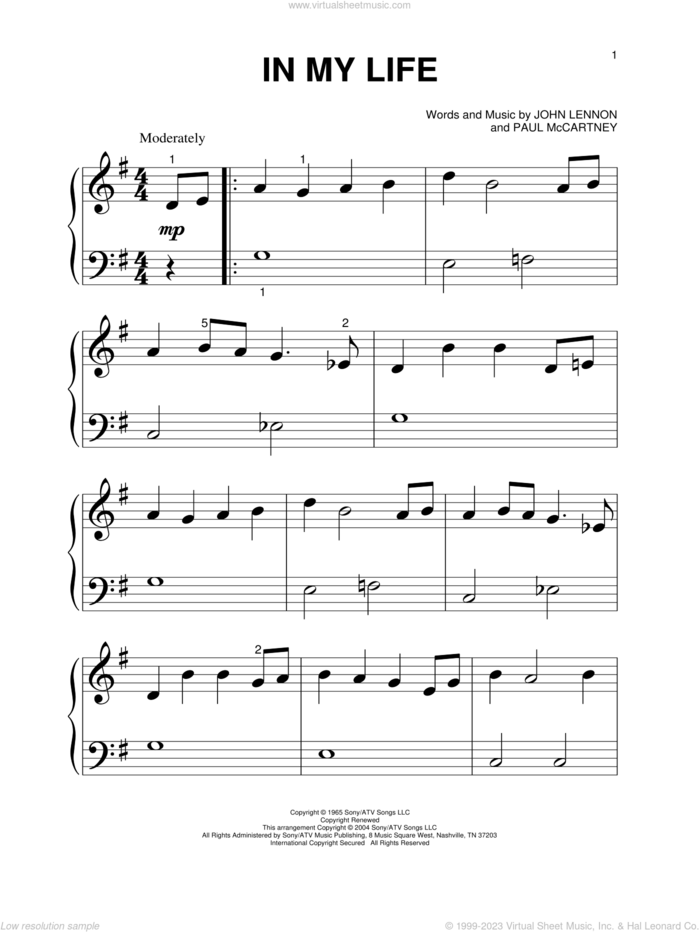 In My Life, (beginner) sheet music for piano solo by The Beatles, John Lennon and Paul McCartney, wedding score, beginner skill level