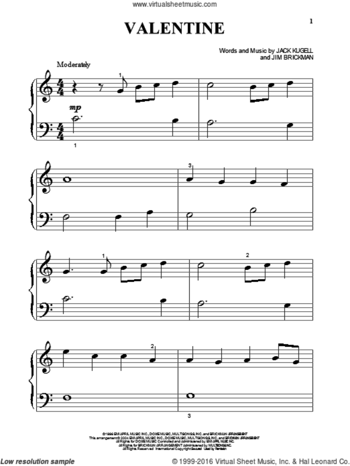 Valentine sheet music for piano solo (big note book) by Jim Brickman with Martina McBride, Martina McBride, Jack Kugell and Jim Brickman, wedding score, easy piano (big note book)
