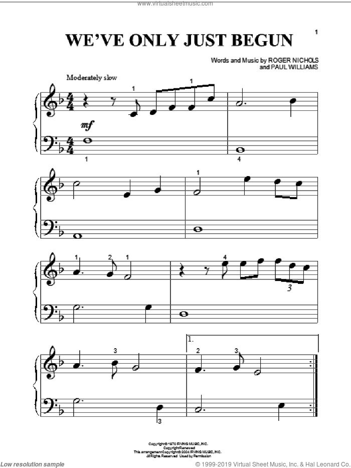 We've Only Just Begun sheet music for piano solo (big note book) by Carpenters, Paul Williams and Roger Nichols, wedding score, easy piano (big note book)