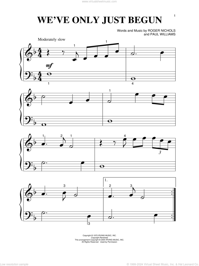 We've Only Just Begun sheet music for piano solo by Carpenters, Paul Williams and Roger Nichols, wedding score, beginner skill level