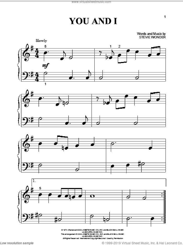 You And I sheet music for piano solo (big note book) by Stevie Wonder, wedding score, easy piano (big note book)