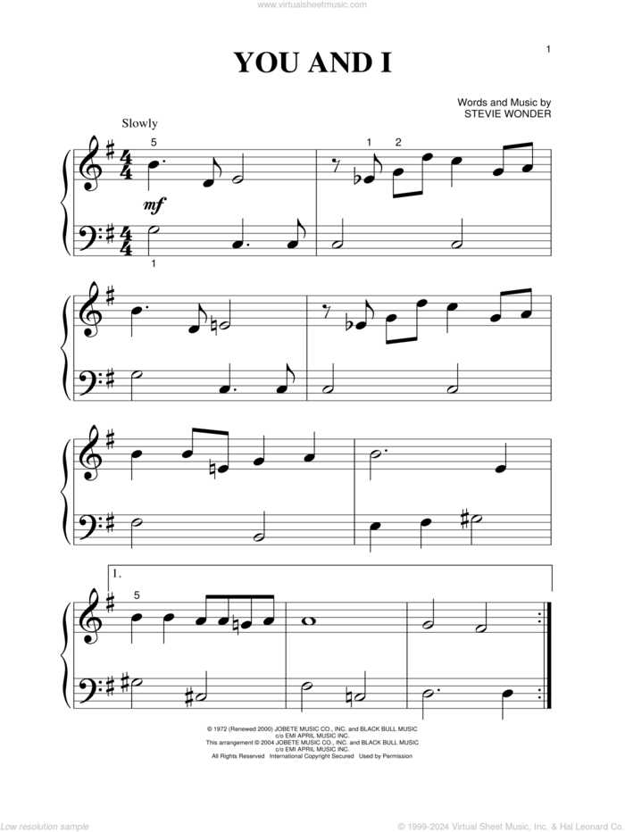 You And I, (beginner) sheet music for piano solo by Stevie Wonder, wedding score, beginner skill level