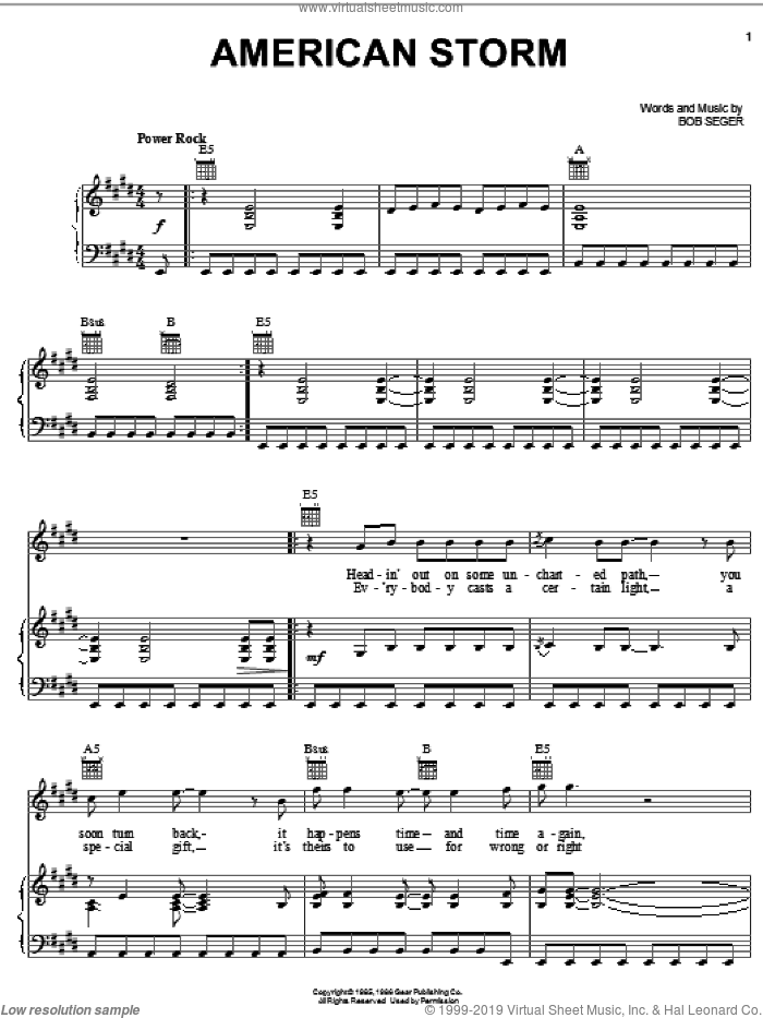 American Storm sheet music for voice, piano or guitar by Bob Seger, intermediate skill level
