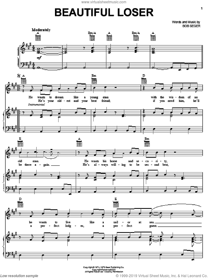 Beautiful Loser sheet music for voice, piano or guitar by Bob Seger, intermediate skill level