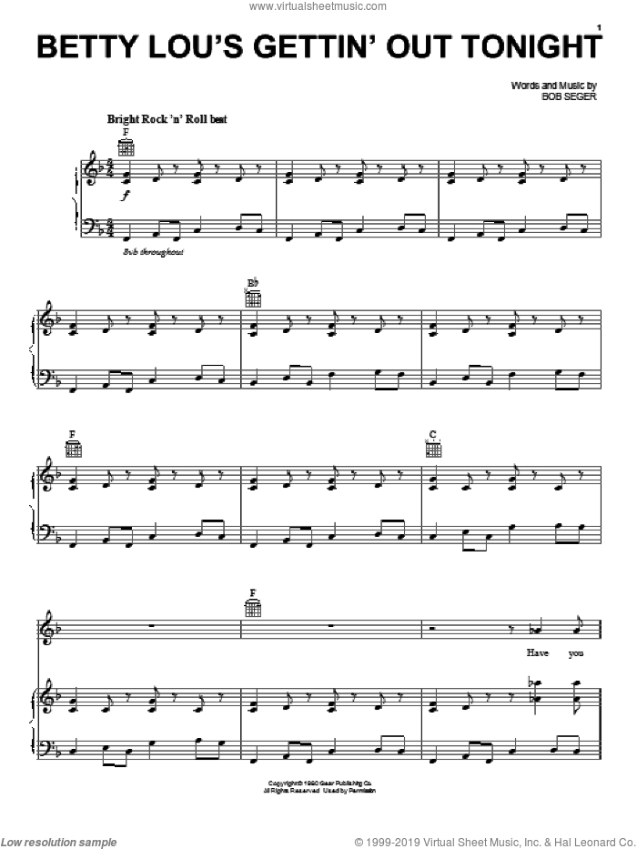 Betty Lou's Gettin' Out Tonight sheet music for voice, piano or guitar by Bob Seger, intermediate skill level