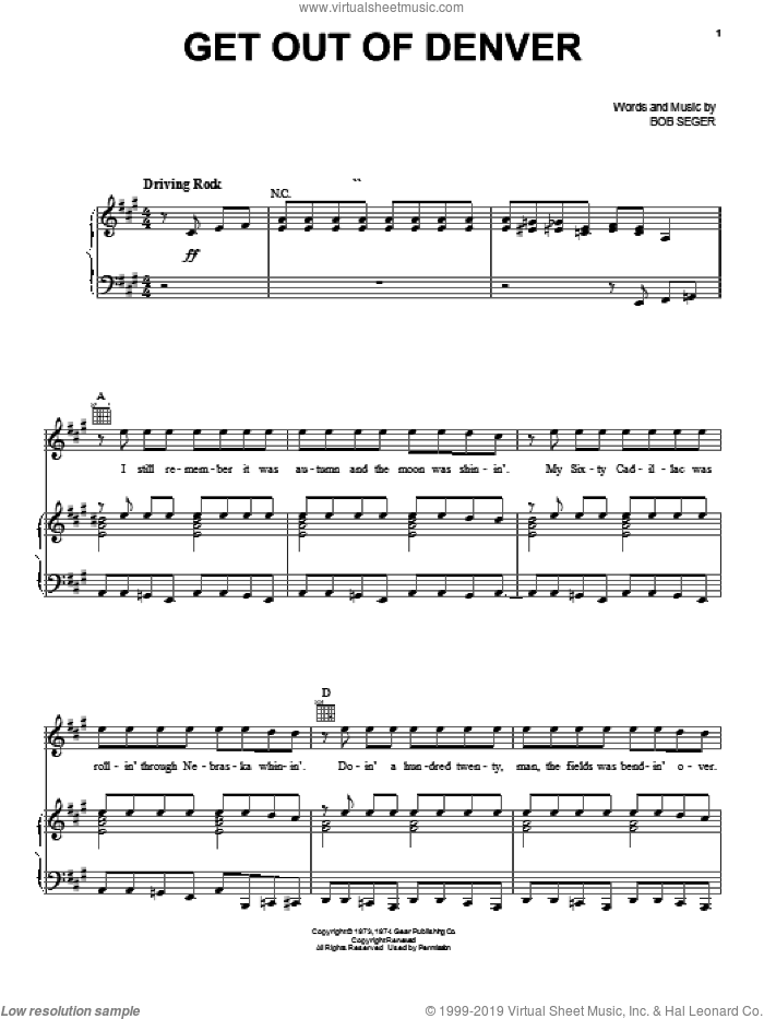 Get Out Of Denver sheet music for voice, piano or guitar by Bob Seger, intermediate skill level