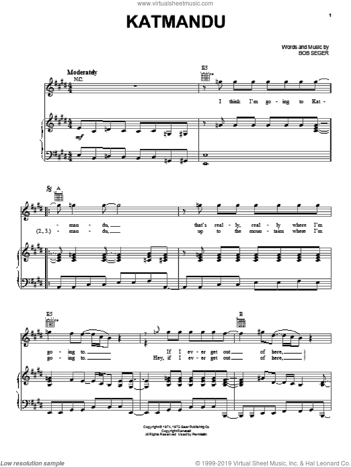Katmandu sheet music for voice, piano or guitar by Bob Seger, intermediate skill level