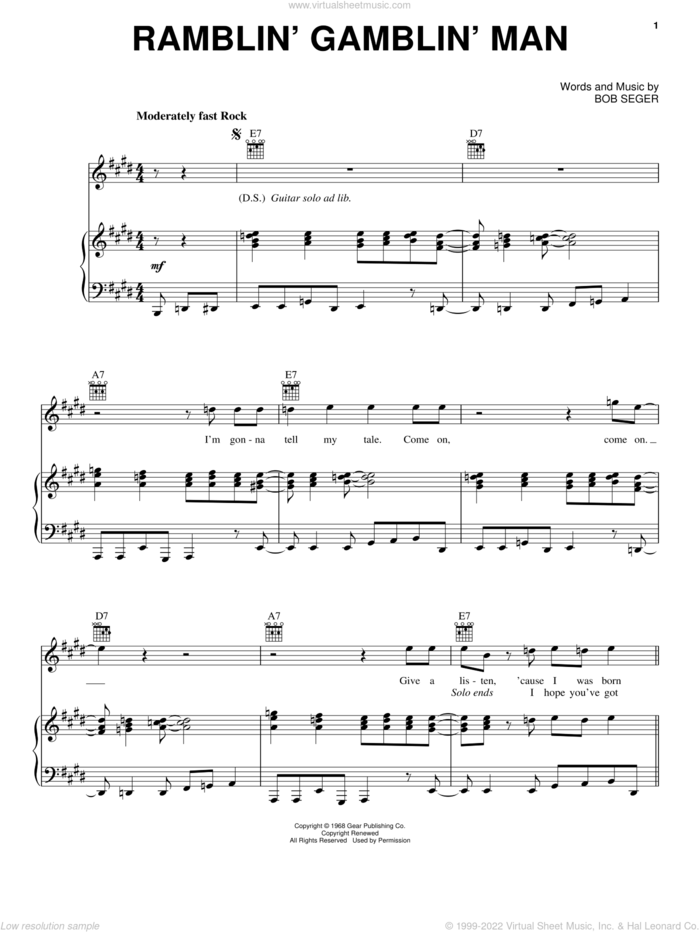 Ramblin' Gamblin' Man sheet music for voice, piano or guitar by Bob Seger, intermediate skill level