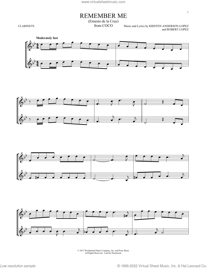Remember Me (Ernesto de la Cruz) (from Coco) sheet music for two clarinets (duets) by Kristen Anderson-Lopez & Robert Lopez, Kristen Anderson-Lopez and Robert Lopez, intermediate skill level