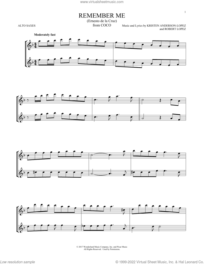 Remember Me (Ernesto de la Cruz) (from Coco) sheet music for two alto saxophones (duets) by Kristen Anderson-Lopez & Robert Lopez, Kristen Anderson-Lopez and Robert Lopez, intermediate skill level