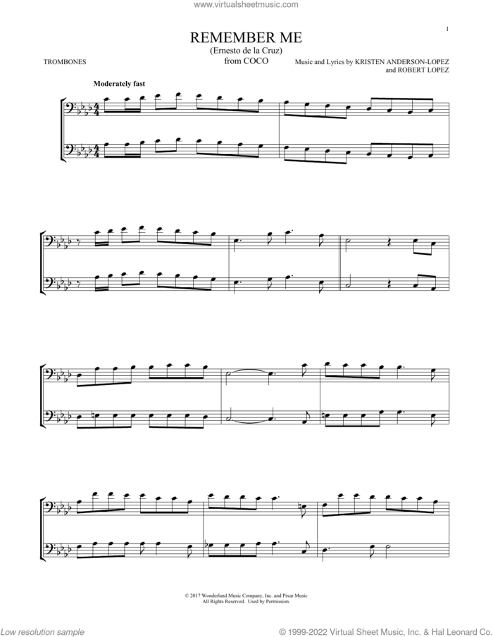 Remember Me (Ernesto de la Cruz) (from Coco) sheet music for two trombones (duet, duets) by Kristen Anderson-Lopez & Robert Lopez, Kristen Anderson-Lopez and Robert Lopez, intermediate skill level