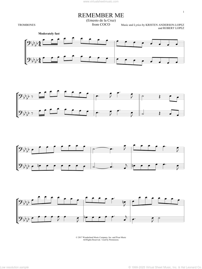 Remember Me (Ernesto de la Cruz) (from Coco) sheet music for two trombones (duet, duets) by Kristen Anderson-Lopez & Robert Lopez, Kristen Anderson-Lopez and Robert Lopez, intermediate skill level