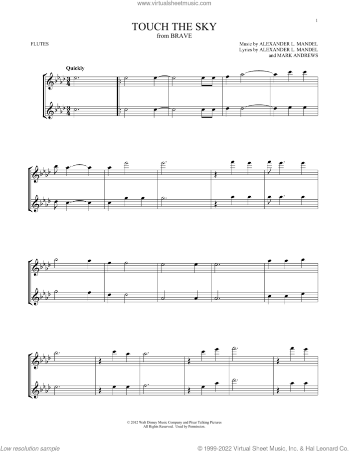 Touch The Sky (from Brave) sheet music for two flutes (duets) by Julie Fowlis, Alexander L. Mandel and Mark Andrews, intermediate skill level