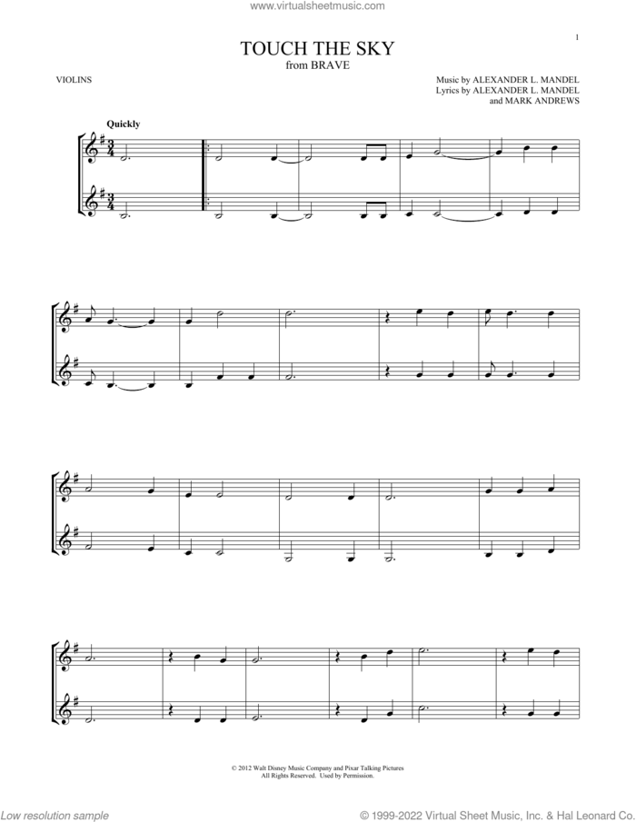 Touch The Sky (from Brave) sheet music for two violins (duets, violin duets) by Julie Fowlis, Alexander L. Mandel and Mark Andrews, intermediate skill level