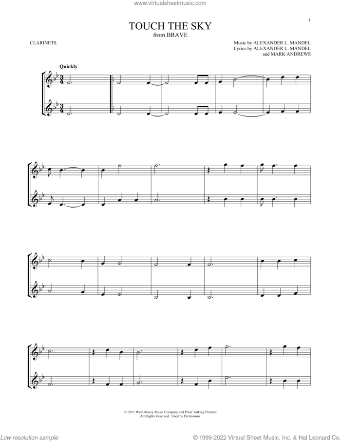 Touch The Sky (from Brave) sheet music for two clarinets (duets) by Julie Fowlis, Alexander L. Mandel and Mark Andrews, intermediate skill level